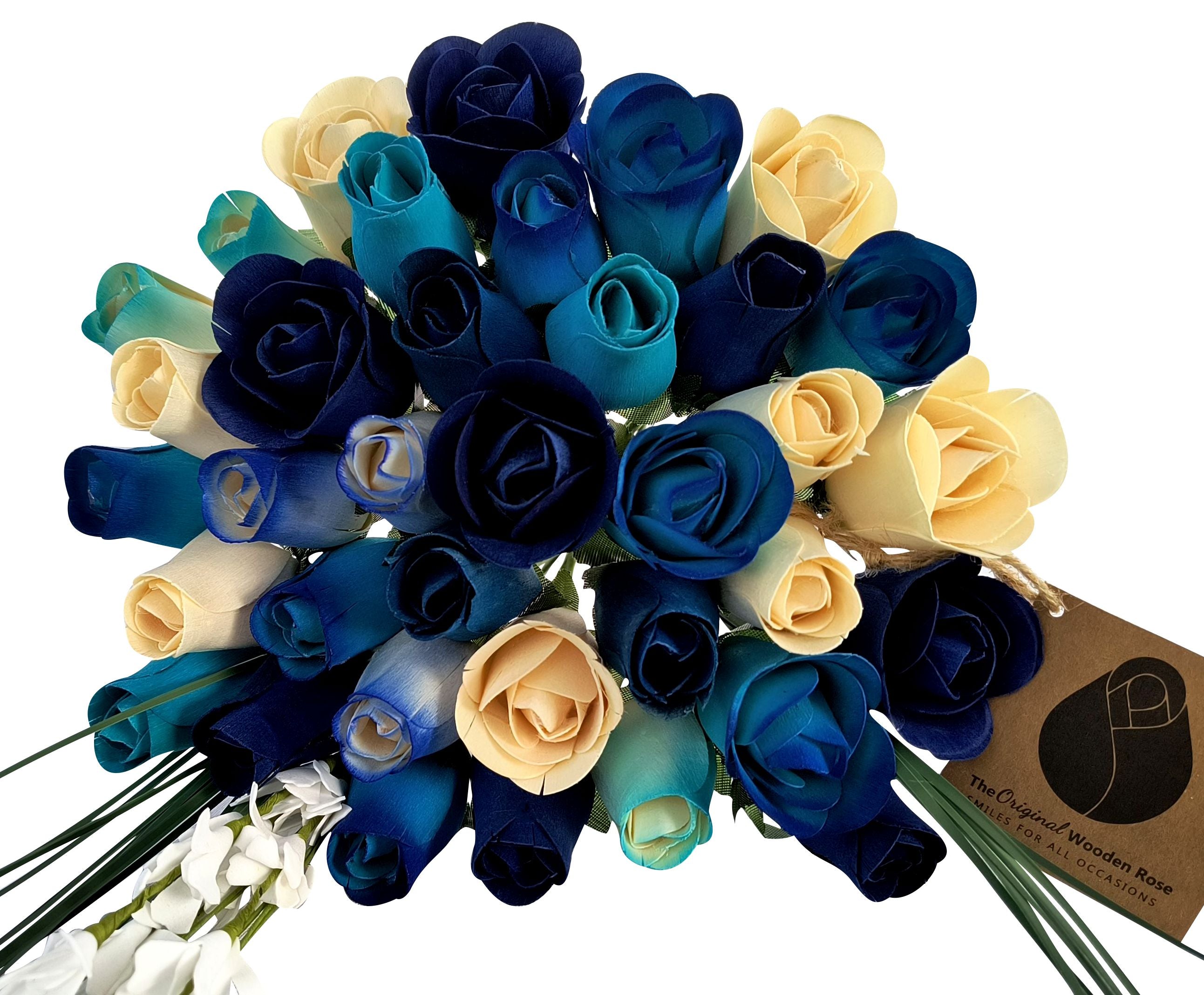 Deluxe Blue Berries and Cream Wooden Rose Flower Bouquet – The