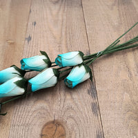 White/Light Blue Closed Bud Roses 8-Pack - The Original Wooden Rose