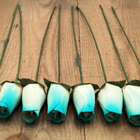 White/Light Blue Closed Bud Roses 8-Pack - The Original Wooden Rose
