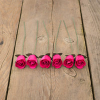 Hot Pink Half Open Roses 6-Pack - The Original Wooden Rose