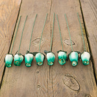 White/Dark Green Closed Bud Roses 8-Pack - The Original Wooden Rose