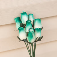 White/Dark Green Closed Bud Roses 8-Pack - The Original Wooden Rose