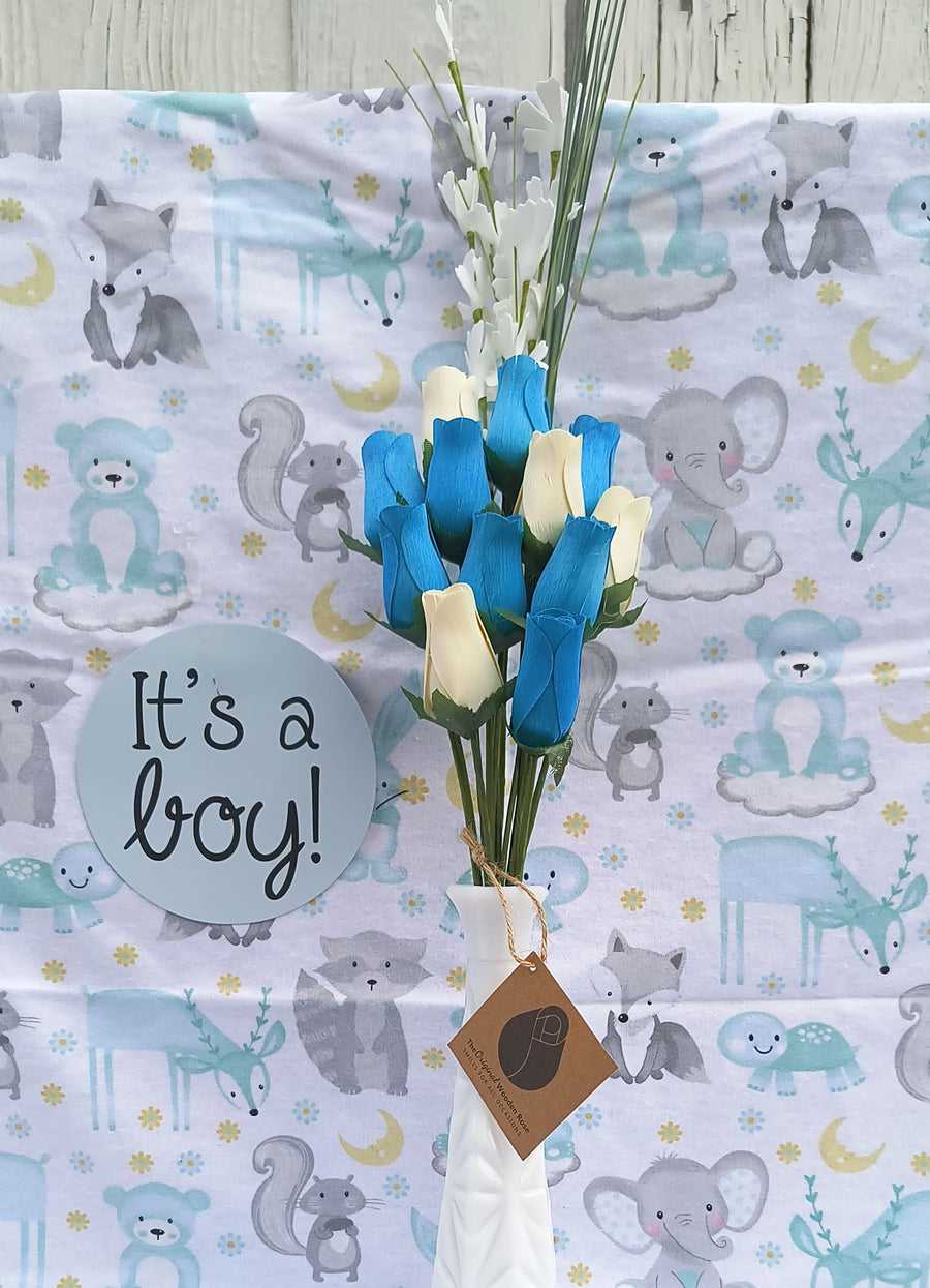 Them Boy Roses It's A Boy Light Blue and White Wooden Rose Flower Bouquet – The ...