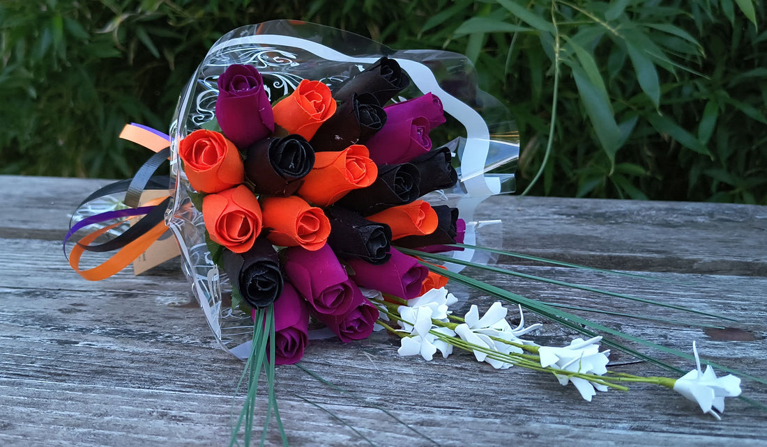 Black, Orange, and Violet Halloween Wooden Rose Flower Bouquet - The Original Wooden Rose