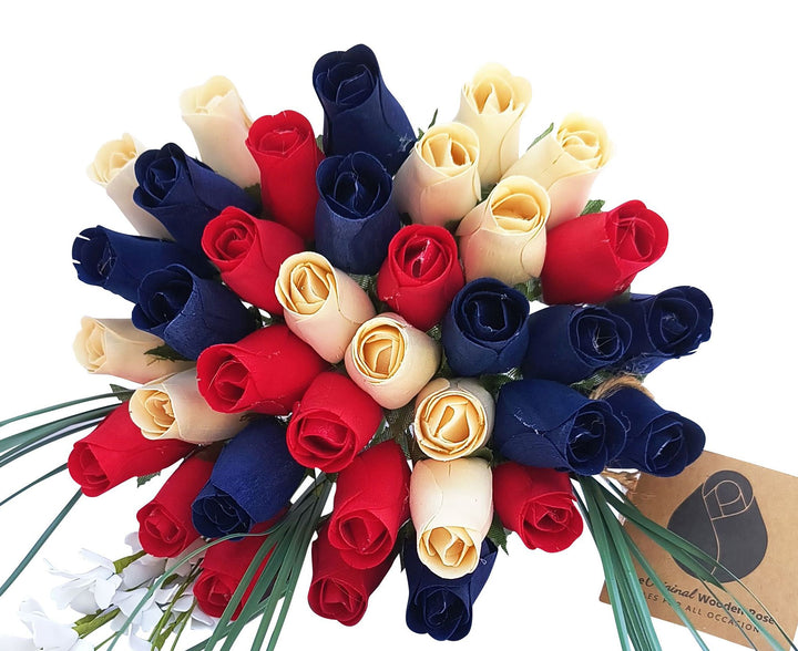 Patriotic Holiday Flowers RED, WHITE, and BLUE - The Original Wooden Rose