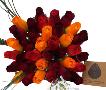 Dark Fall Harvest Colors. Yellows, Oranges, Reds Wooden Rose Flower Bouquet - The Original Wooden Rose