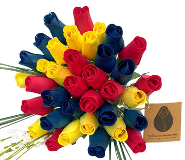 Happy Birthday Red, Blue, and Yellow Wooden Rose Flower Bouquet - The Original Wooden Rose