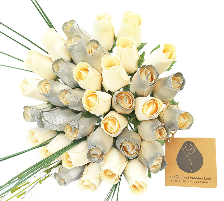 25 Year Anniversary Silver and White Wooden Rose Flower Bouquet - The Original Wooden Rose