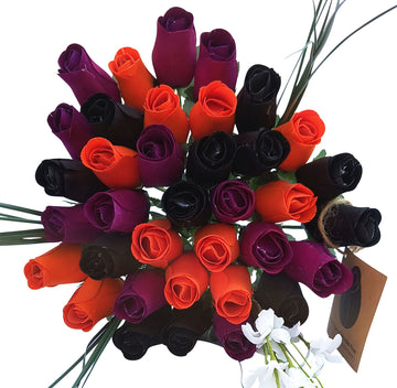 Black, Orange, and Violet Halloween Wooden Rose Flower Bouquet - The Original Wooden Rose