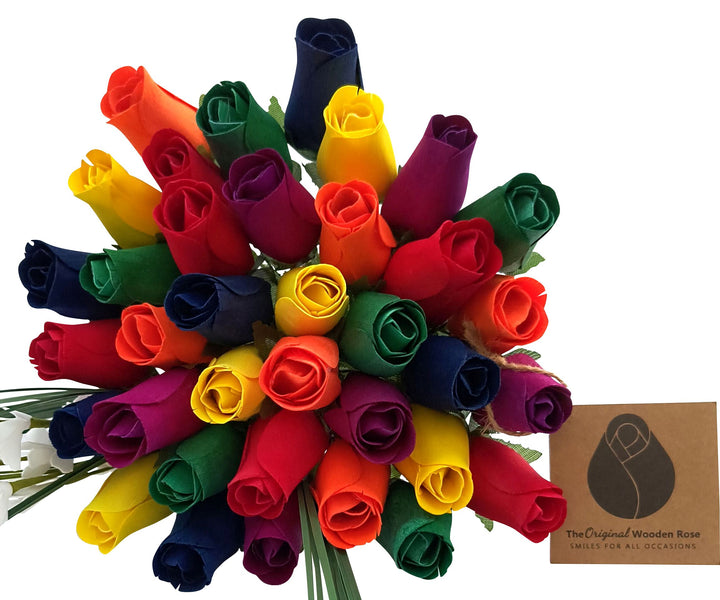Gay Pride Rainbow of Wooden Roses Flower Bouquet - The Original Wooden Rose