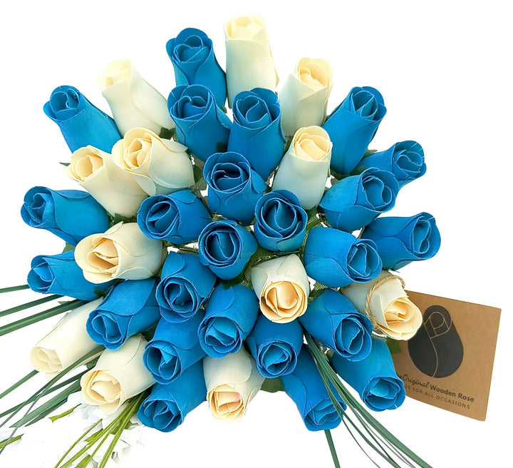 It's A Boy Light Blue and White Wooden Rose Flower Bouquet - The Original Wooden Rose