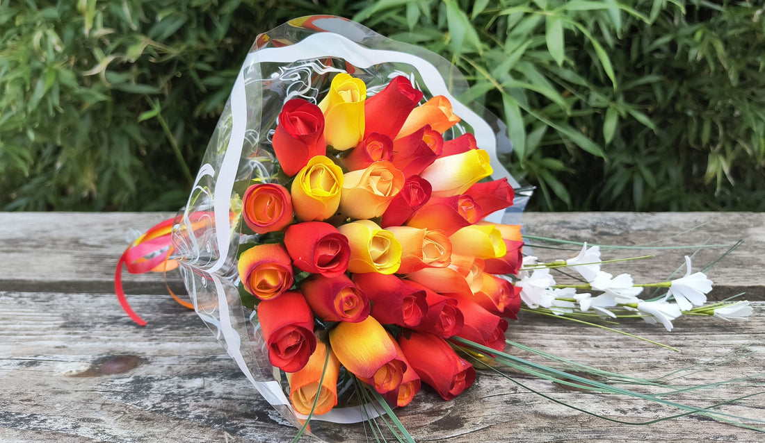 Fall Sunrise Light Fall Colors Wooden Rose Flower Bouquet - The Original Wooden Rose