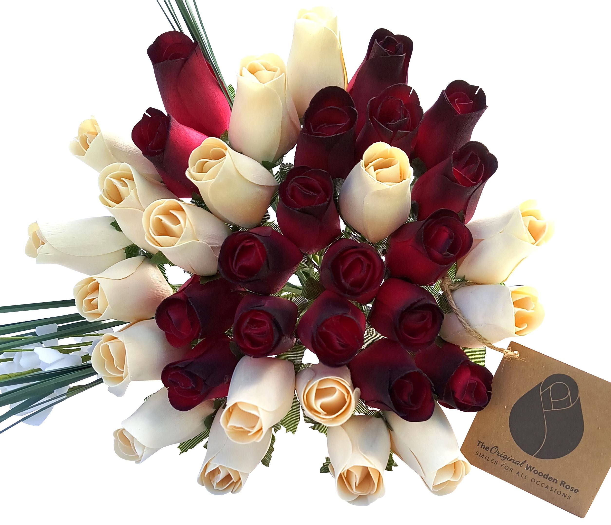 White Wood Roses Red with Black Tips and White Wooden Rose Flower Bouquet – The Original ...