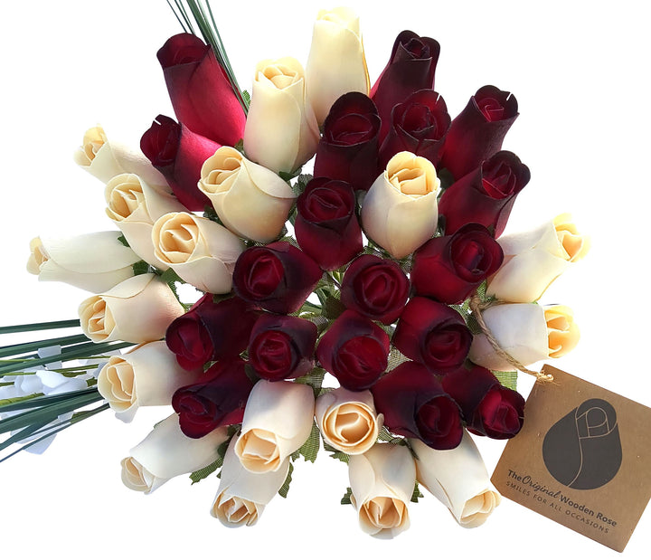 Red with Black Tips and White Wooden Rose Flower Bouquet - The Original Wooden Rose