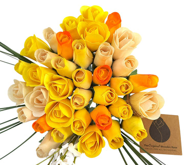 Deluxe Yellow Sunshine Themed Wooden Rose Flower Bouquet - The Original Wooden Rose