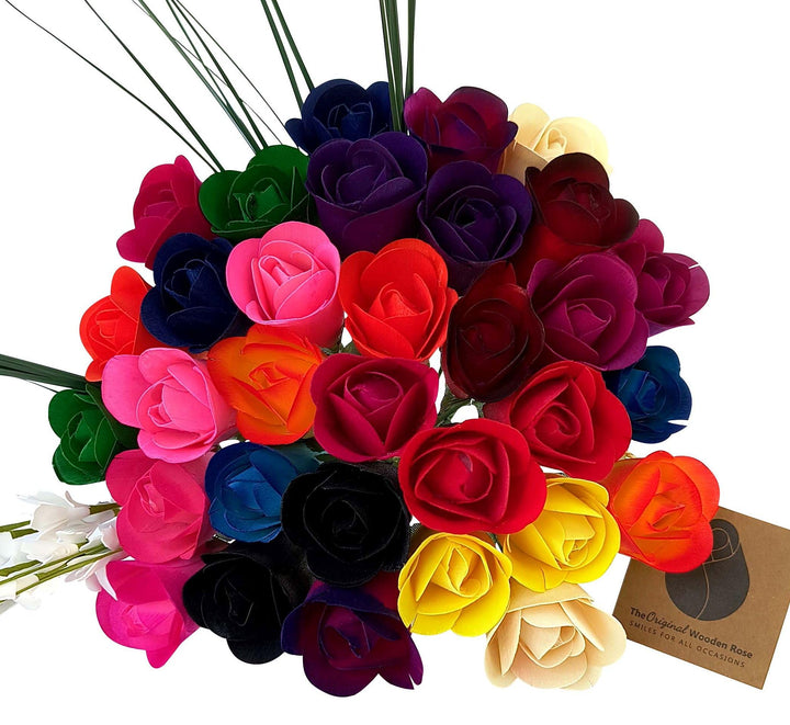 The Original Wooden Rose Bouquet of 32 Assorted Colors Half Open Roses Great for Mothers Day, Valentines Day - The Original Wooden Rose