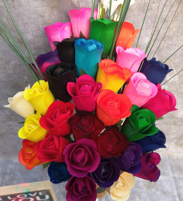 The Original Wooden Rose Bouquet of 32 Assorted Colors Half Open Roses