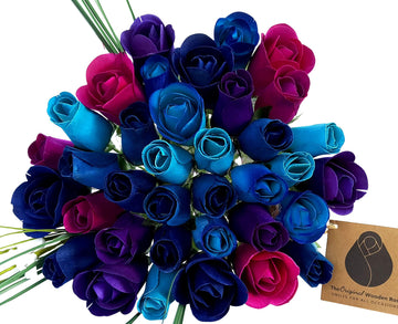 The Original Wooden Rose Deluxe Dark Waters Themed Bouquet. Featuring Closed and Half Open Bud Roses (3 Dozen) - The Original Wooden Rose