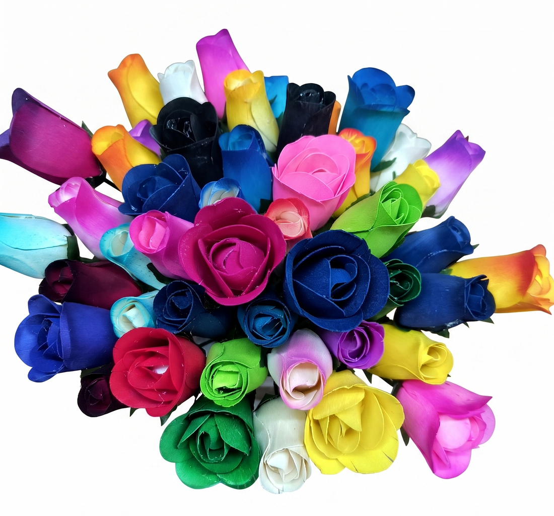 Bouquet of colorful artificial roses on a white background