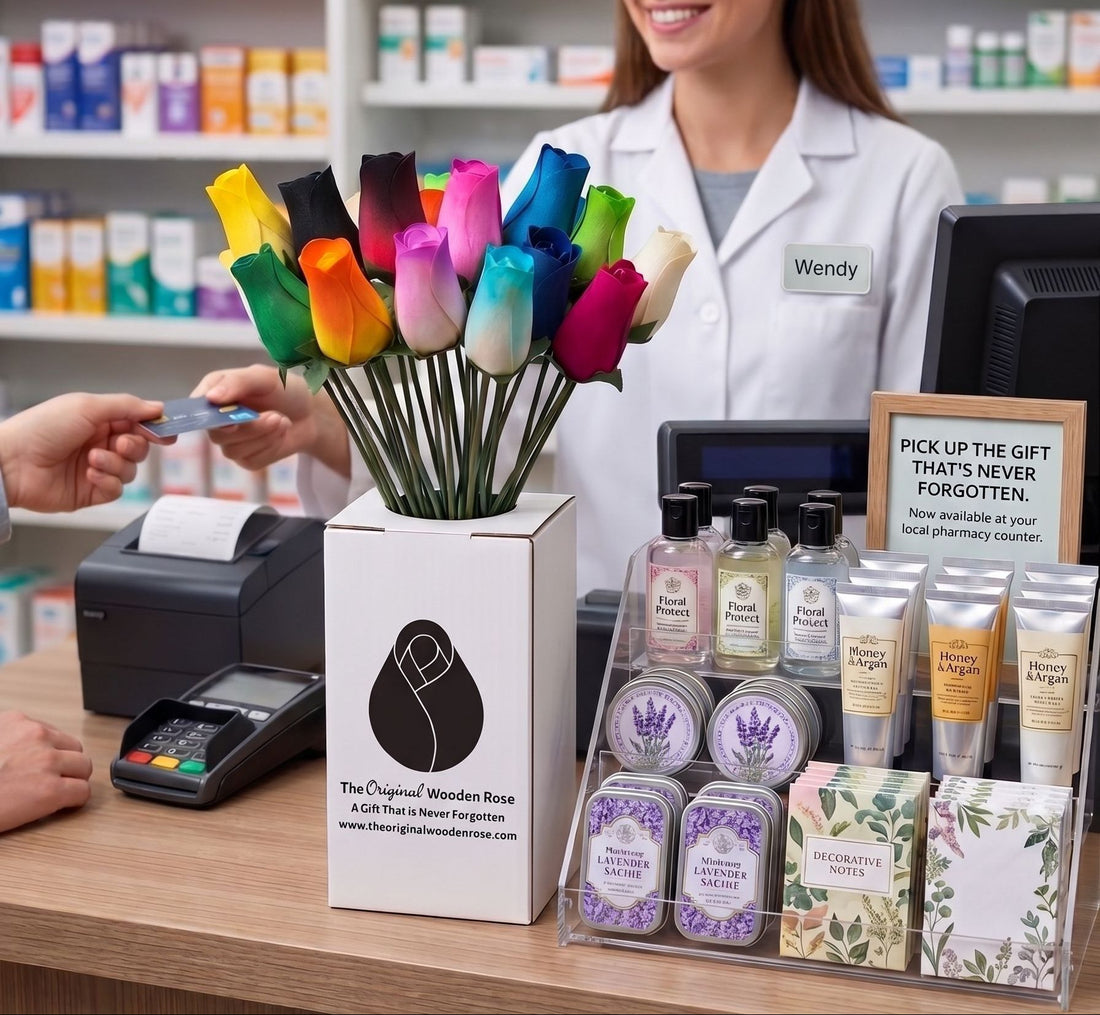 Pharmacist at a counter with a bouquet of flowers and gift items in a pharmacy setting.