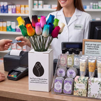 Pharmacist at a counter with a bouquet of flowers and gift items in a pharmacy setting.