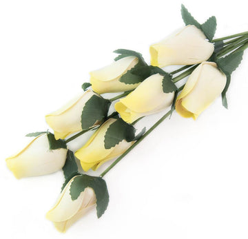 White with Yellow Tips Closed Bud Roses 8-Pack - The Original Wooden Rose
