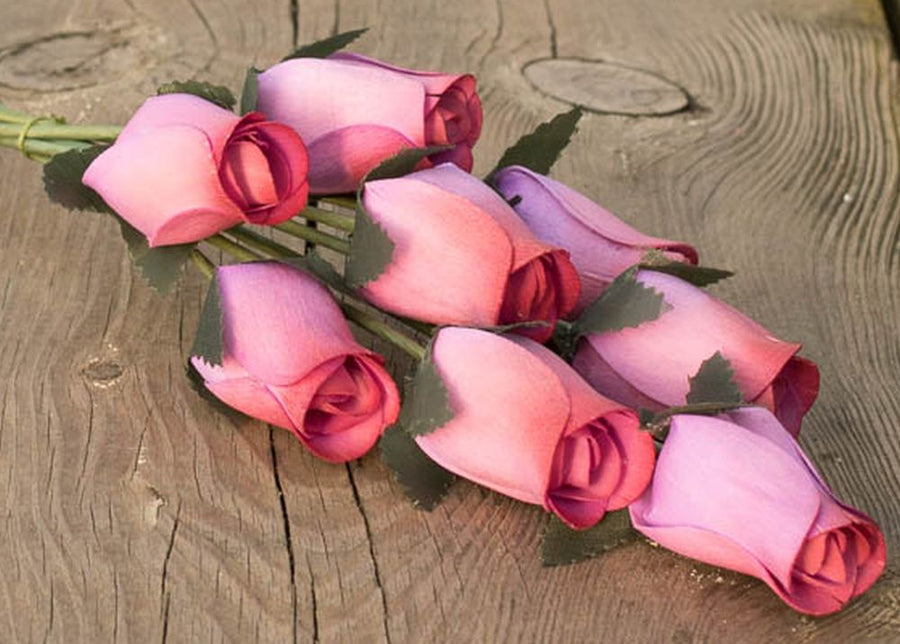 Lavender/Red Closed Bud Roses 8-Pack - The Original Wooden Rose