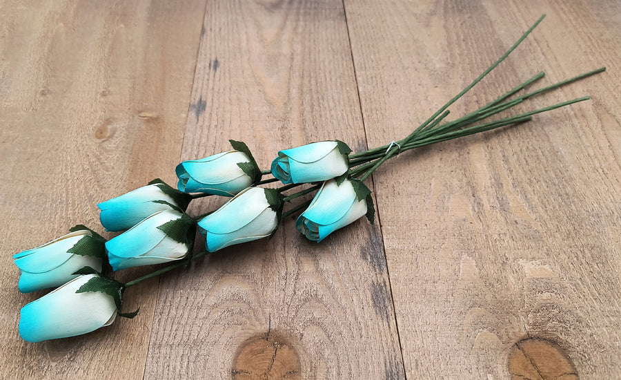 White/Light Blue Closed Bud Roses 8-Pack - The Original Wooden Rose