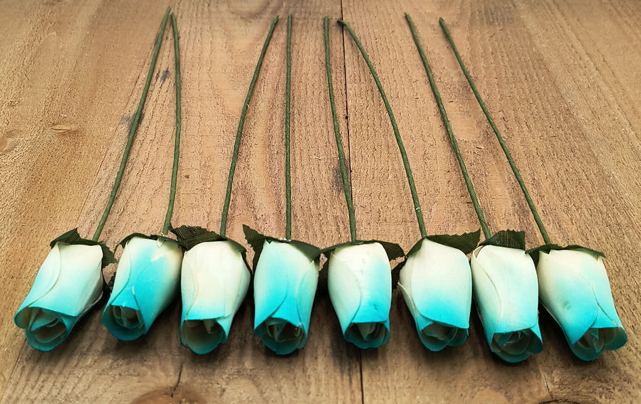 White/Light Blue Closed Bud Roses 8-Pack - The Original Wooden Rose