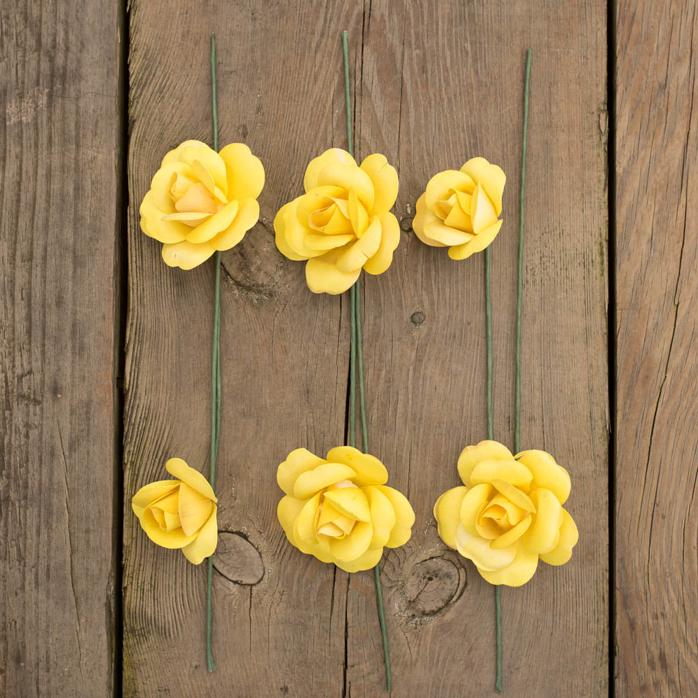 Yellow Fully Open Roses 6-Pack - The Original Wooden Rose