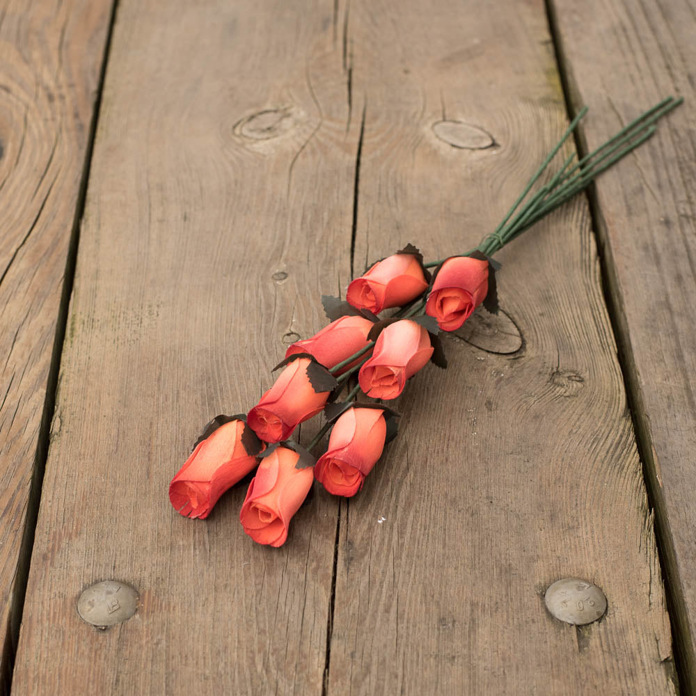 Orange/Burgundy Closed Bud Roses 8-Pack - The Original Wooden Rose
