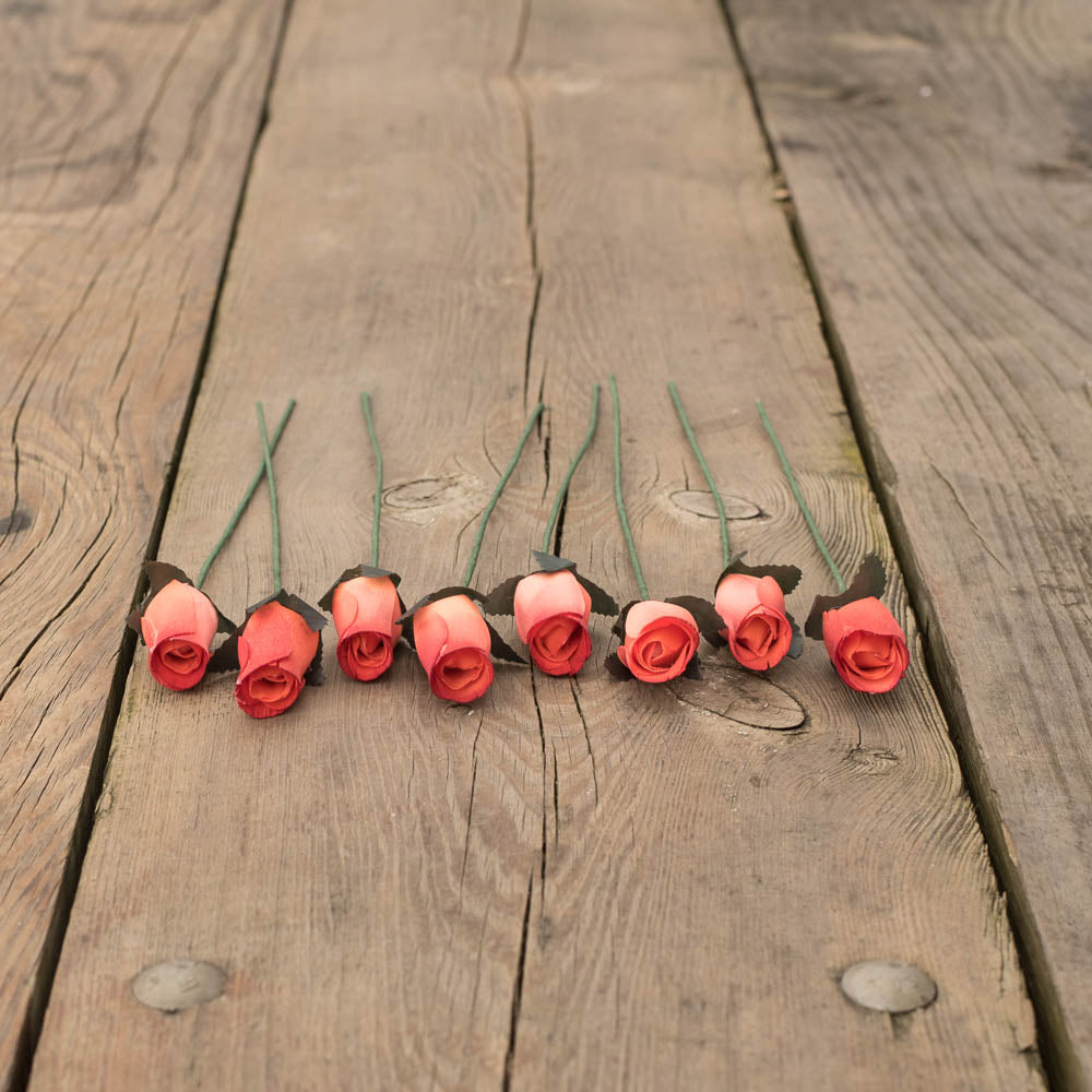 Orange/Burgundy Closed Bud Roses 8-Pack - The Original Wooden Rose