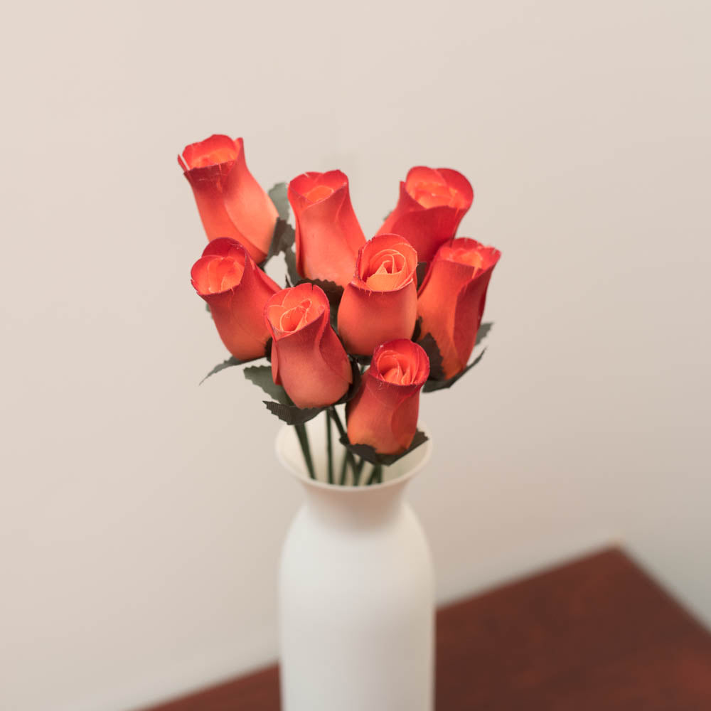 Orange/Burgundy Closed Bud Roses 8-Pack - The Original Wooden Rose