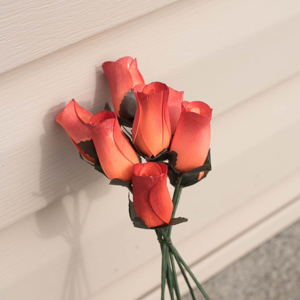 Orange/Burgundy Closed Bud Roses 8-Pack - The Original Wooden Rose