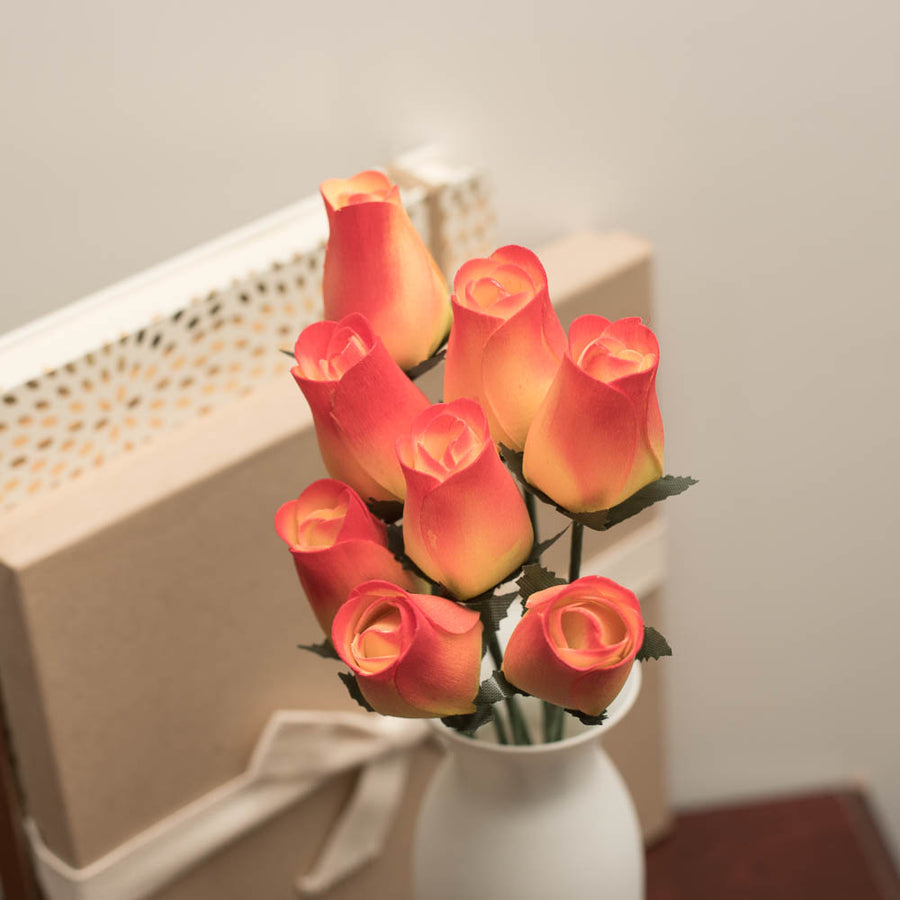 Yellow/Red Closed Bud Roses 8-Pack - The Original Wooden Rose