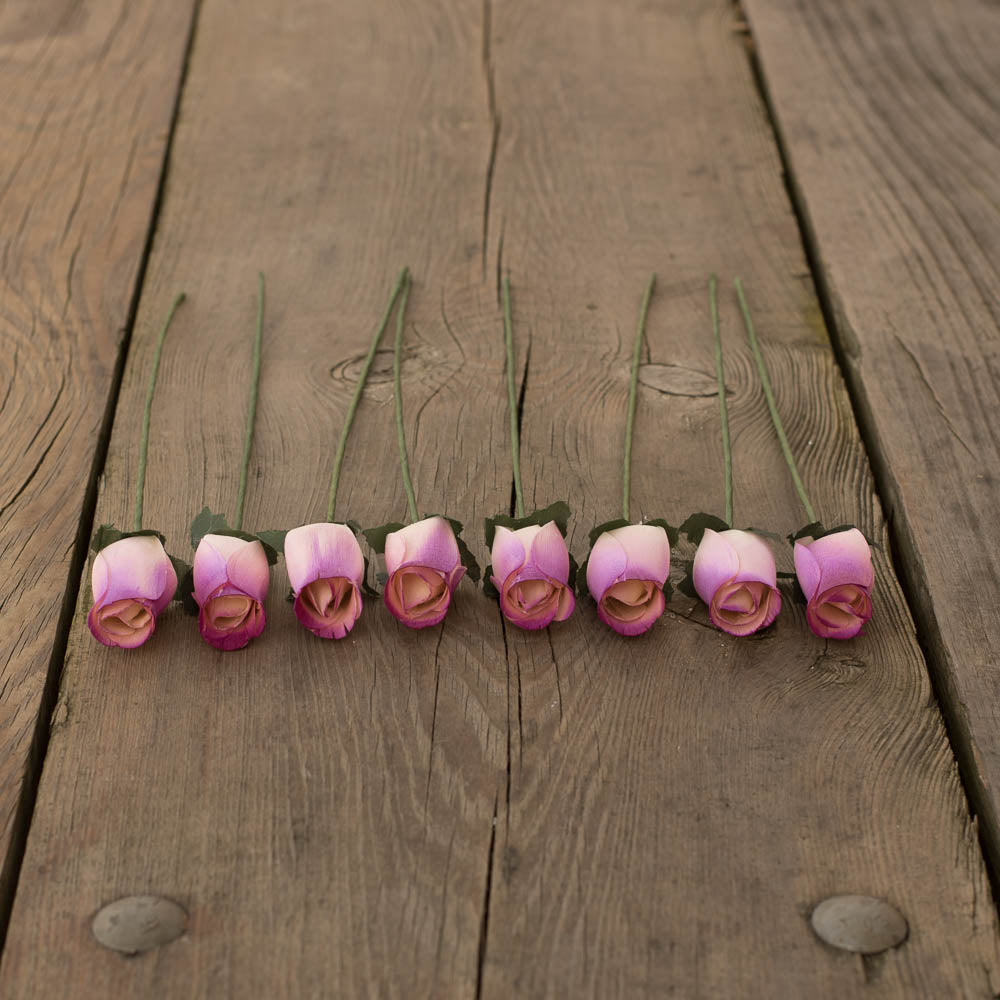 White/Burgundy (Raspberry) Closed Bud Roses 8-Pack - The Original Wooden Rose