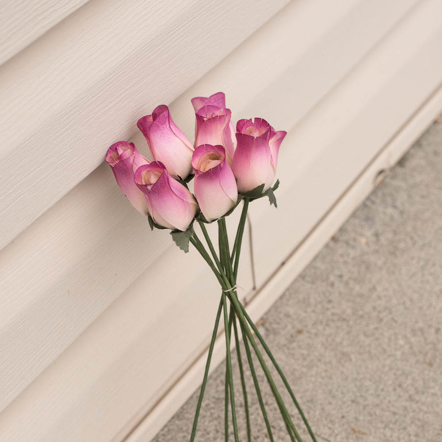 White/Burgundy (Raspberry) Closed Bud Roses 8-Pack - The Original Wooden Rose