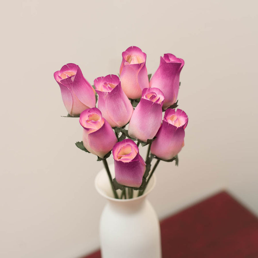 White/Burgundy (Raspberry) Closed Bud Roses 8-Pack - The Original Wooden Rose