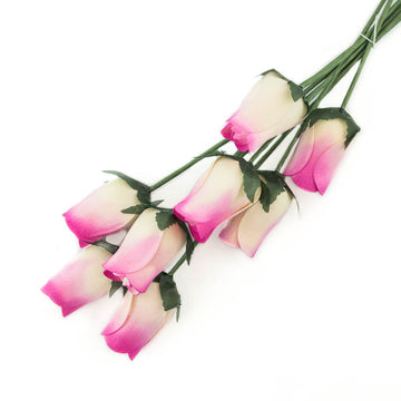 White/Hot Pink Closed Bud Roses 8-Pack - The Original Wooden Rose