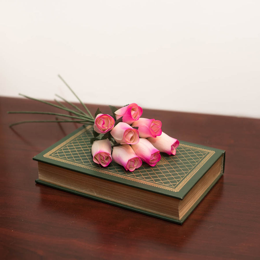 White/Hot Pink Closed Bud Roses 8-Pack - The Original Wooden Rose