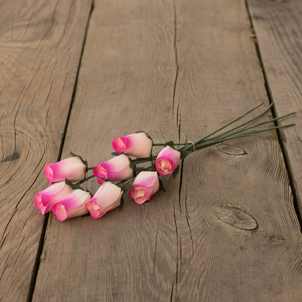 White/Hot Pink Closed Bud Roses 8-Pack - The Original Wooden Rose