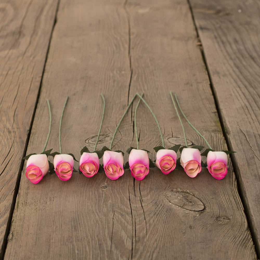 White/Hot Pink Closed Bud Roses 8-Pack - The Original Wooden Rose