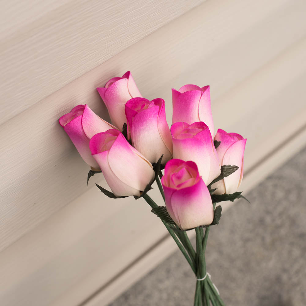 White/Hot Pink Closed Bud Roses 8-Pack - The Original Wooden Rose