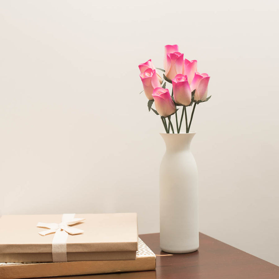 White/Hot Pink Closed Bud Roses 8-Pack - The Original Wooden Rose