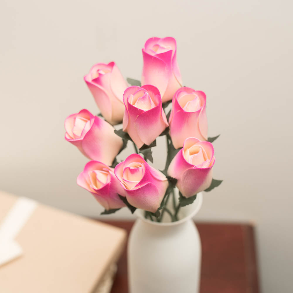 White/Hot Pink Closed Bud Roses 8-Pack - The Original Wooden Rose