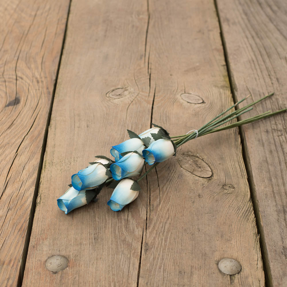 White/Blue Closed Bud Roses 8-Pack - The Original Wooden Rose