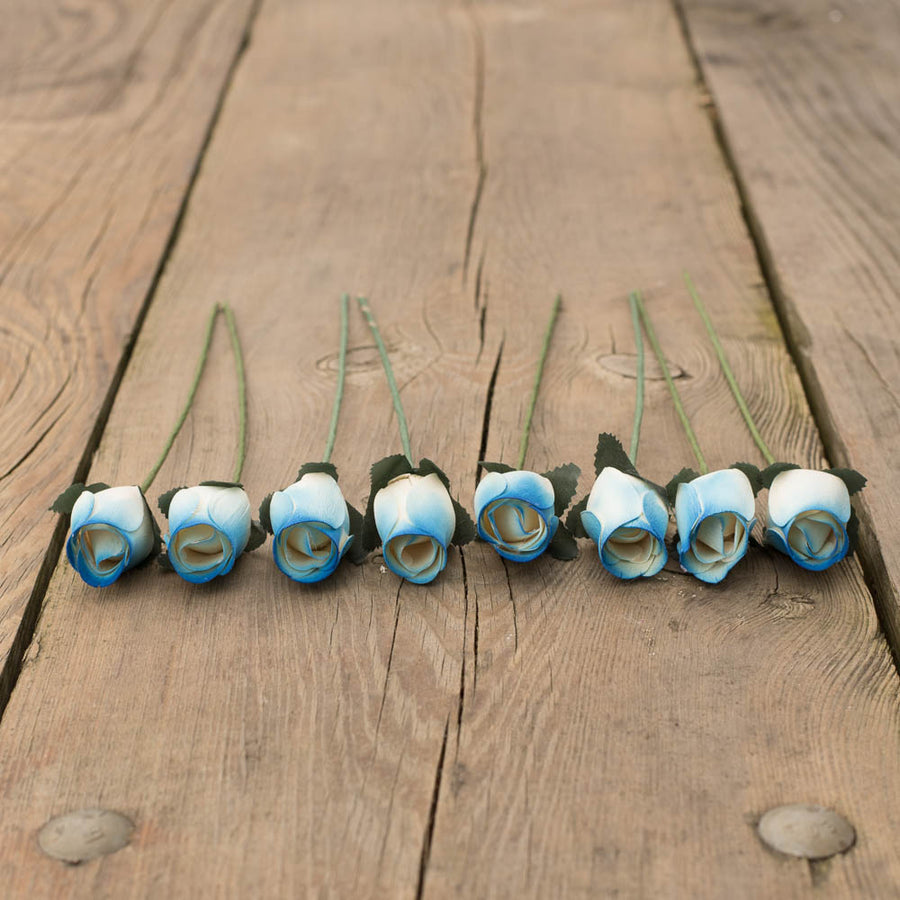 White/Blue Closed Bud Roses 8-Pack - The Original Wooden Rose