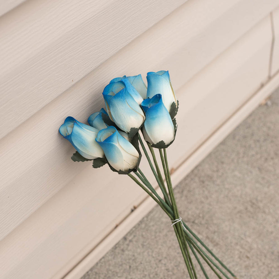 White/Blue Closed Bud Roses 8-Pack - The Original Wooden Rose