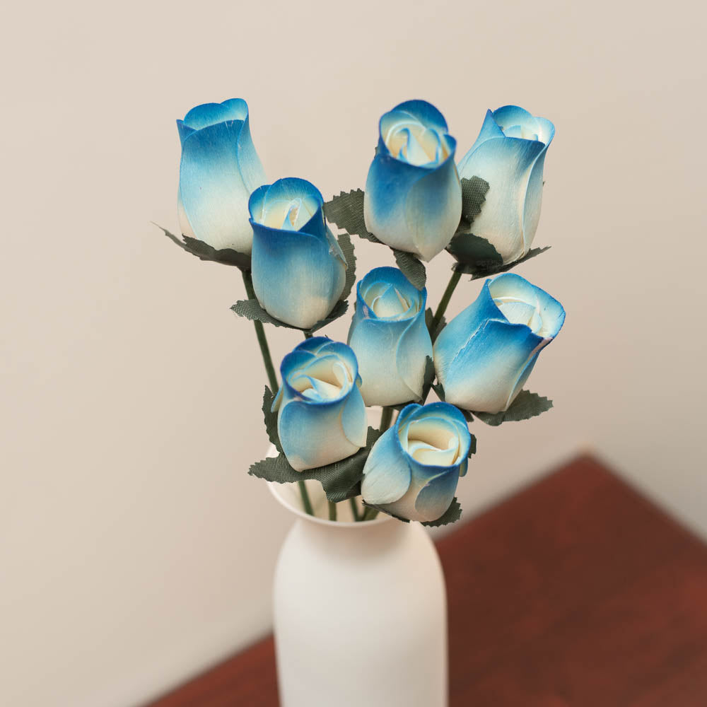 White/Blue Closed Bud Roses 8-Pack - The Original Wooden Rose