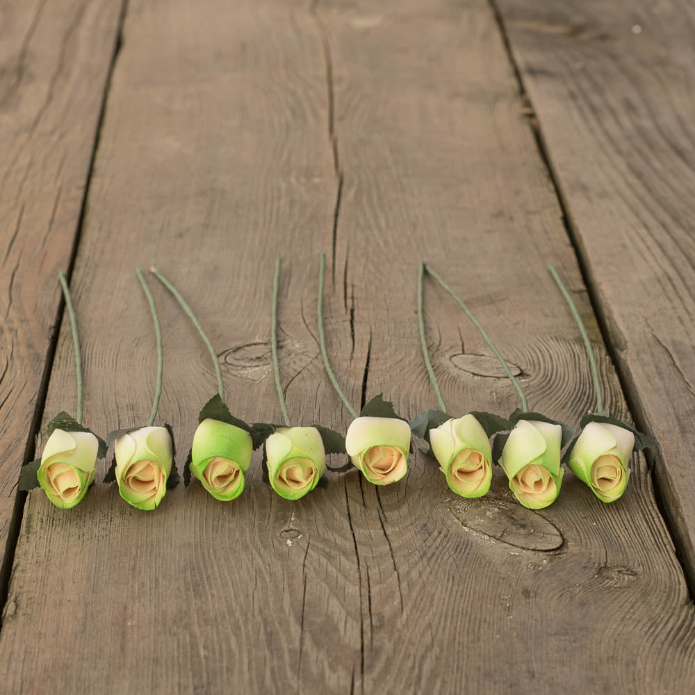 Green/White Closed Bud Roses 8-Pack - The Original Wooden Rose